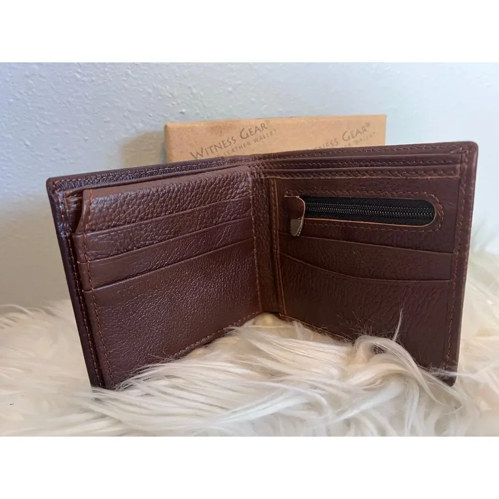 Leather Christian Wallet Billfold Mens Brown Be Strong Courageous Gift Religious
